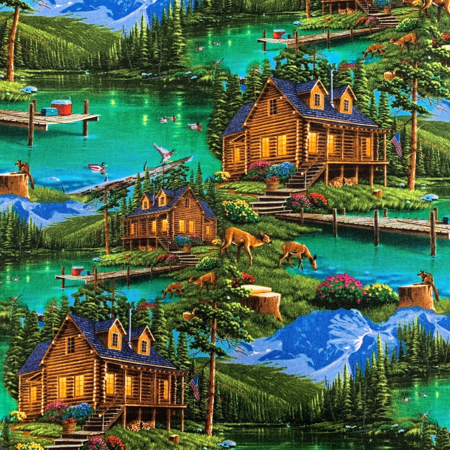 Harmony Cabin fabric AL - 5006 - 4C1 Mountain cabin landscape - Mary Jo Fabrics