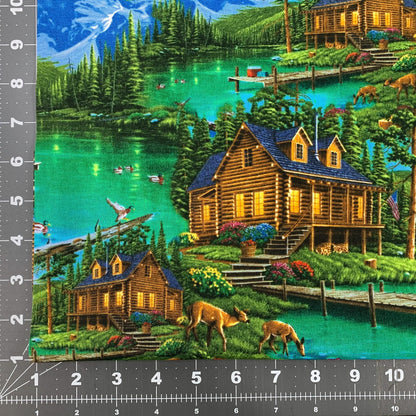 Harmony Cabin fabric AL - 5006 - 4C1 Mountain cabin landscape - Mary Jo Fabrics