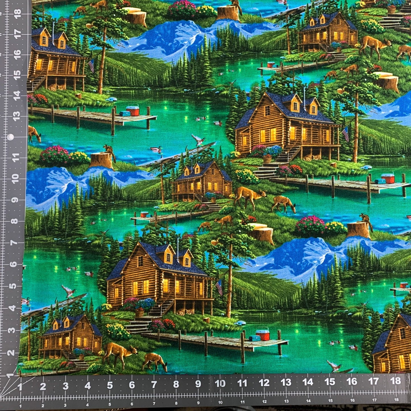 Harmony Cabin fabric AL - 5006 - 4C1 Mountain cabin landscape - Mary Jo Fabrics