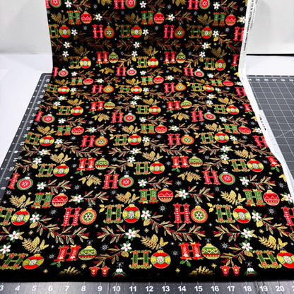 Ho Ho Christmas fabric CM2678 Black Holiday floral - Mary Jo Fabrics