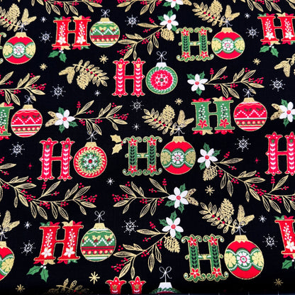 Ho Ho Christmas fabric CM2678 Black Holiday floral - Mary Jo Fabrics