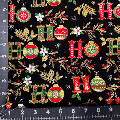 Ho Ho Christmas fabric CM2678 Black Holiday floral - Mary Jo Fabrics