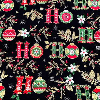Ho Ho Christmas fabric CM2678 Black Holiday floral - Mary Jo Fabrics