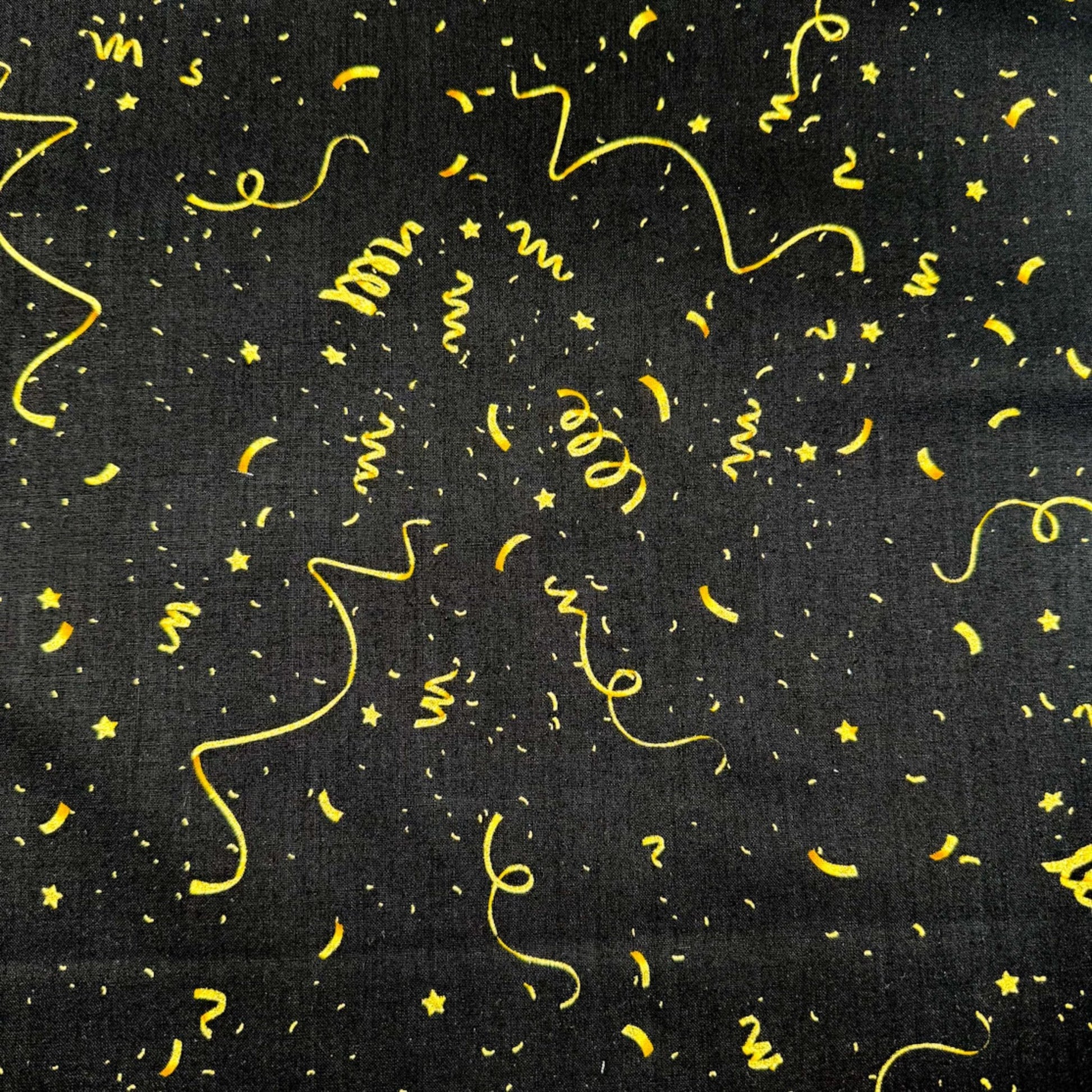 Holiday Party Fabric CM2900 Black Gold Metallic Confetti - Mary Jo Fabrics