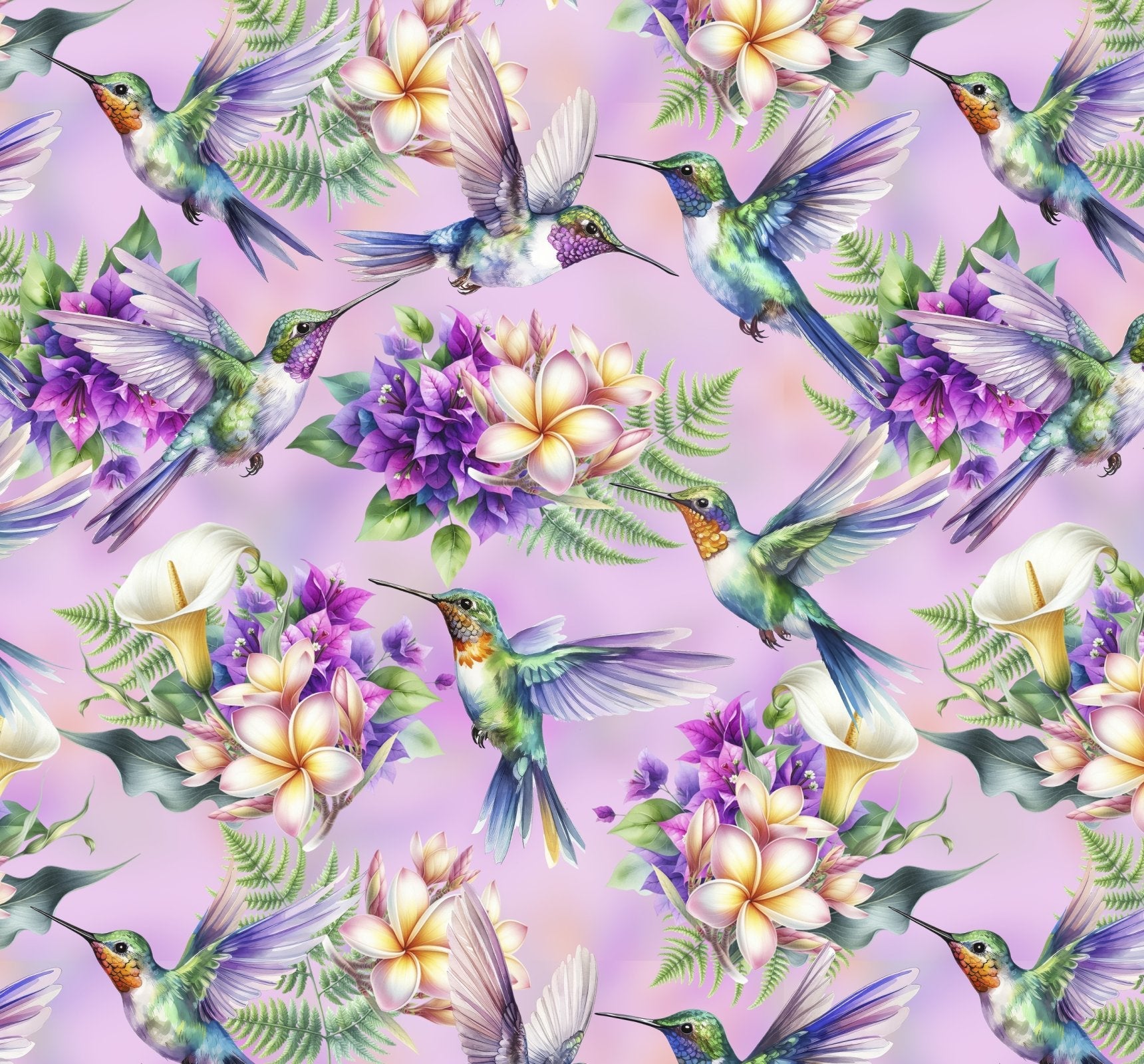 Hummingbird Cotton fabric DX-8781-5C Bird Purple Floral Lilac Lily - Mary Jo Fabrics