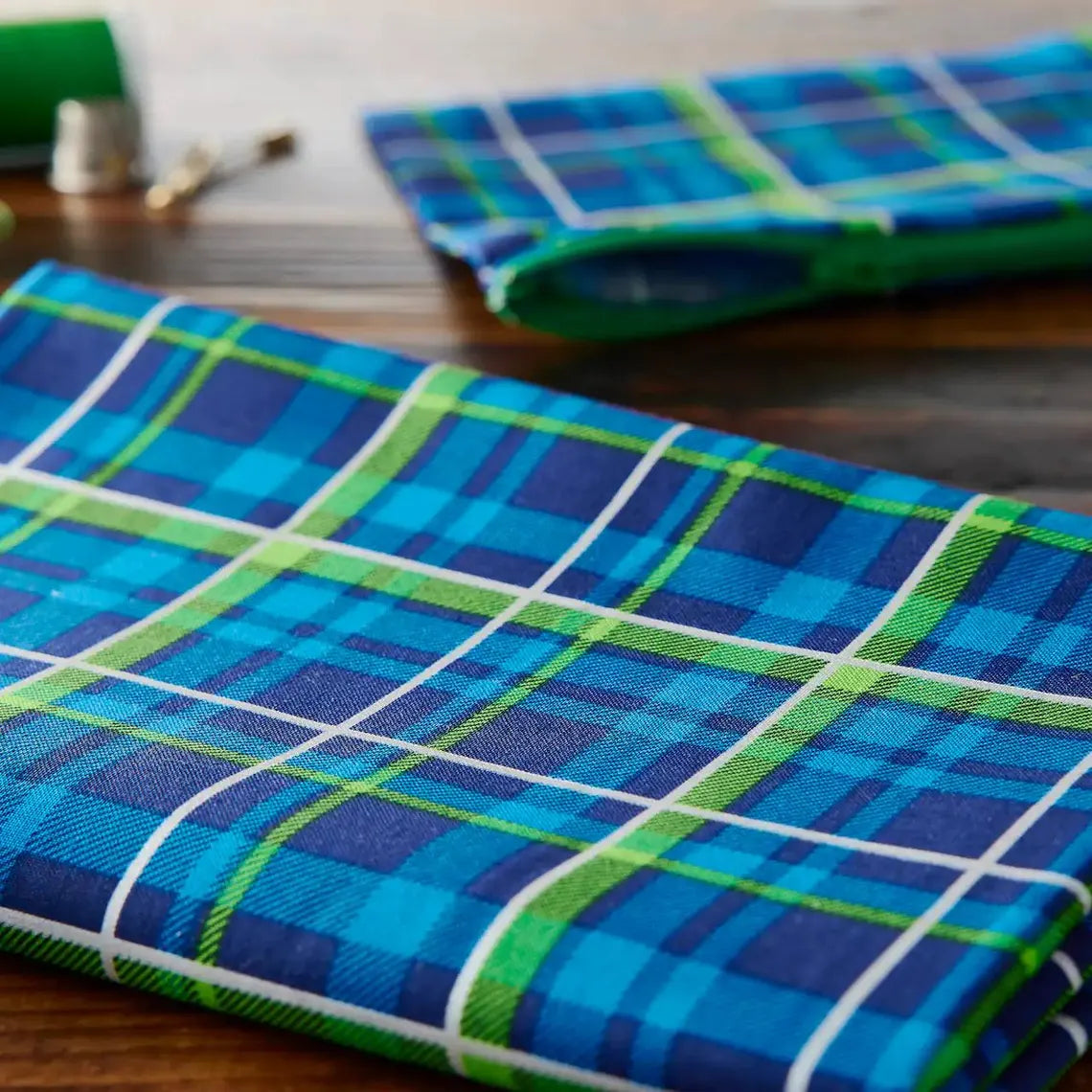 Blue Plaid Cotton Fabric 10071792 with Lime Green Nursery Cotton