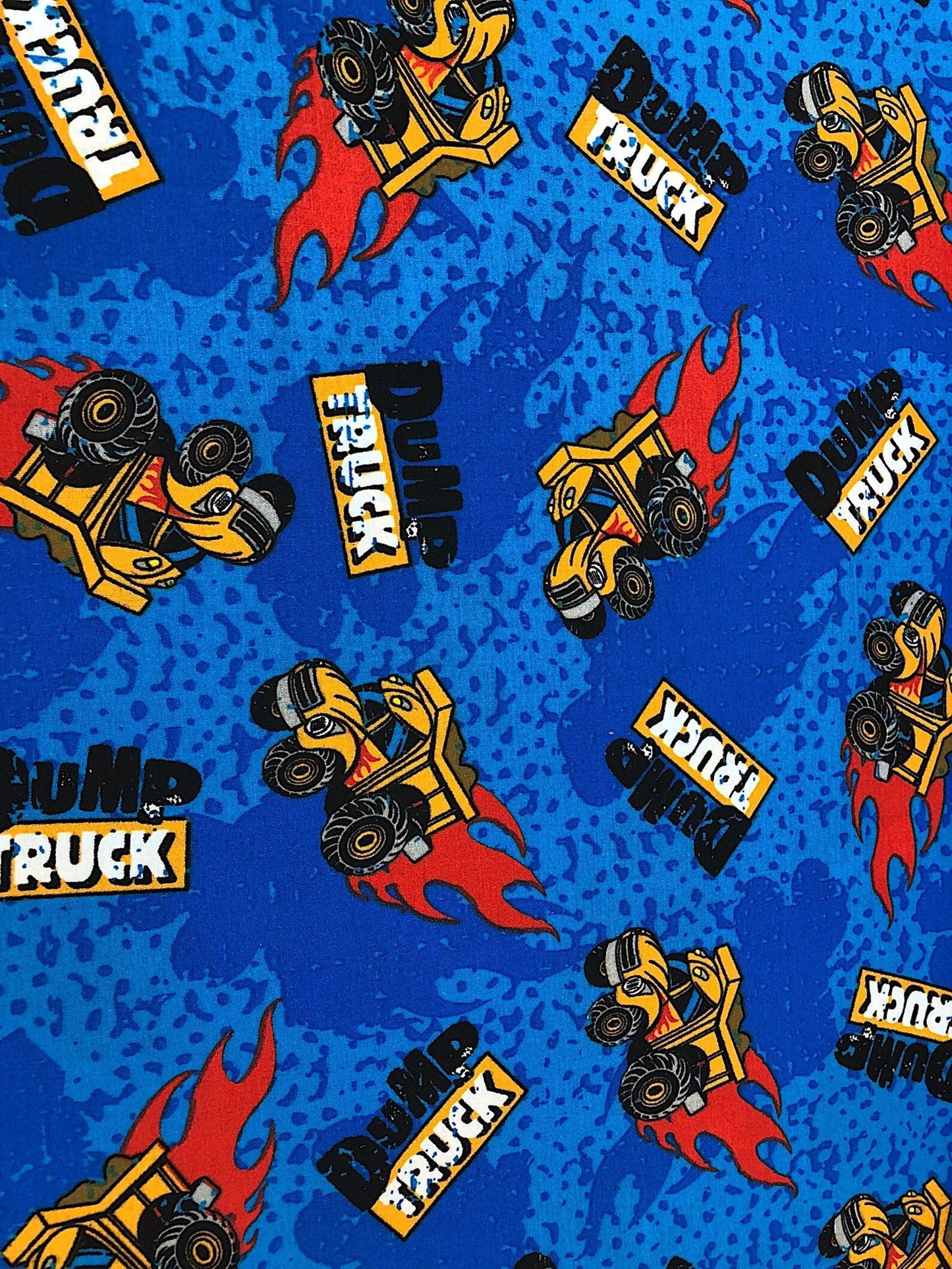 Dump Truck fabric 49213 Royal Blue Flaming Trucks
