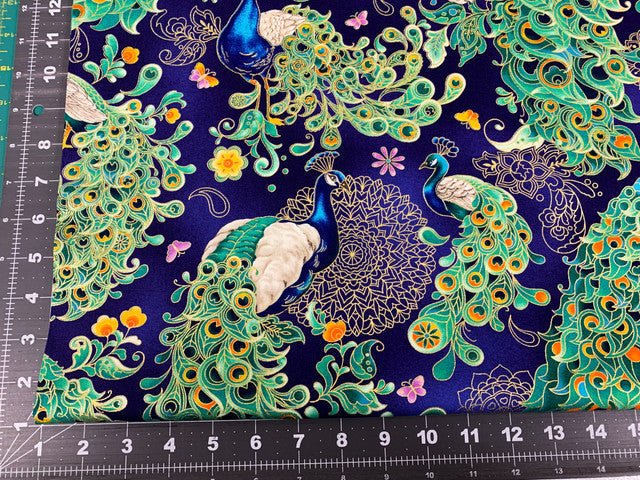 Imperial Garden Peacock fabric Blue Metallic bird fabric - Mary Jo Fabrics