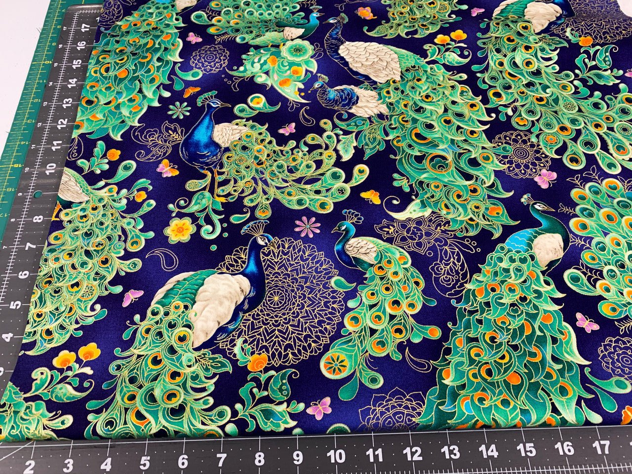 Imperial Garden Peacock fabric Blue Metallic bird fabric - Mary Jo Fabrics