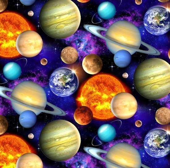 In Space fabric 1331 Planets fabric, Earth Sun Moon - Mary Jo Fabrics