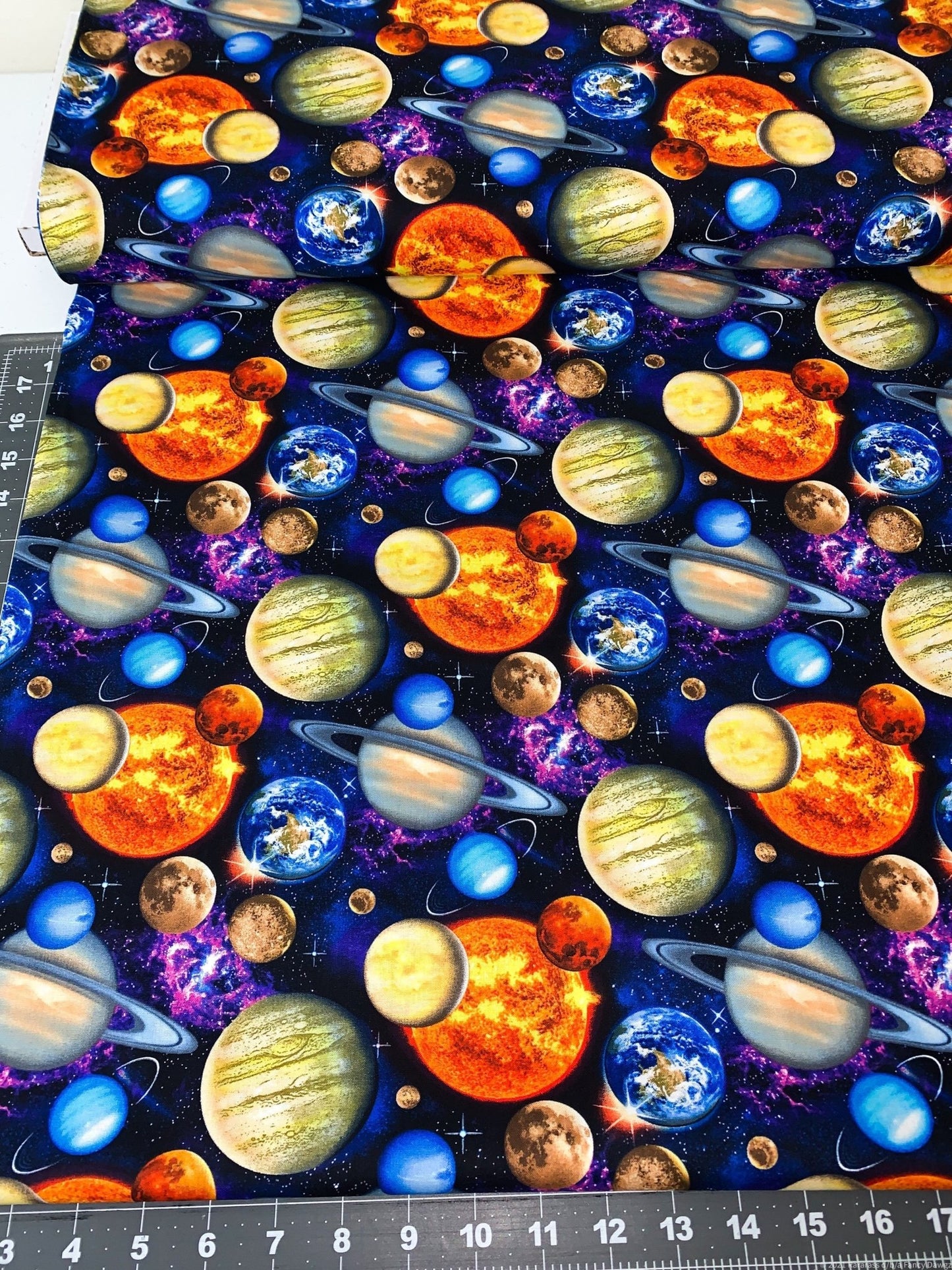 In Space fabric 1331 Planets fabric, Earth Sun Moon - Mary Jo Fabrics