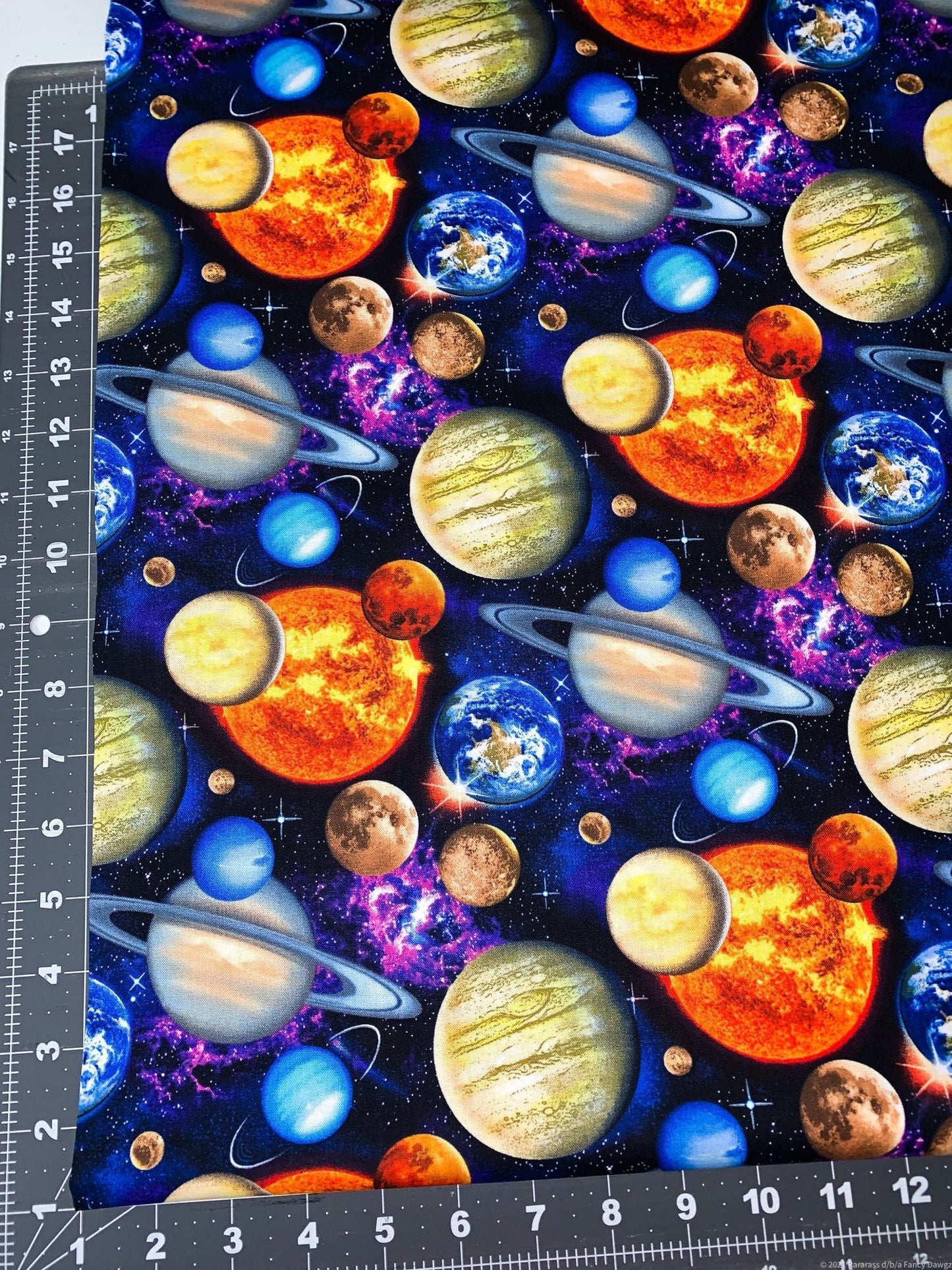 In Space fabric 1331 Planets fabric, Earth Sun Moon - Mary Jo Fabrics