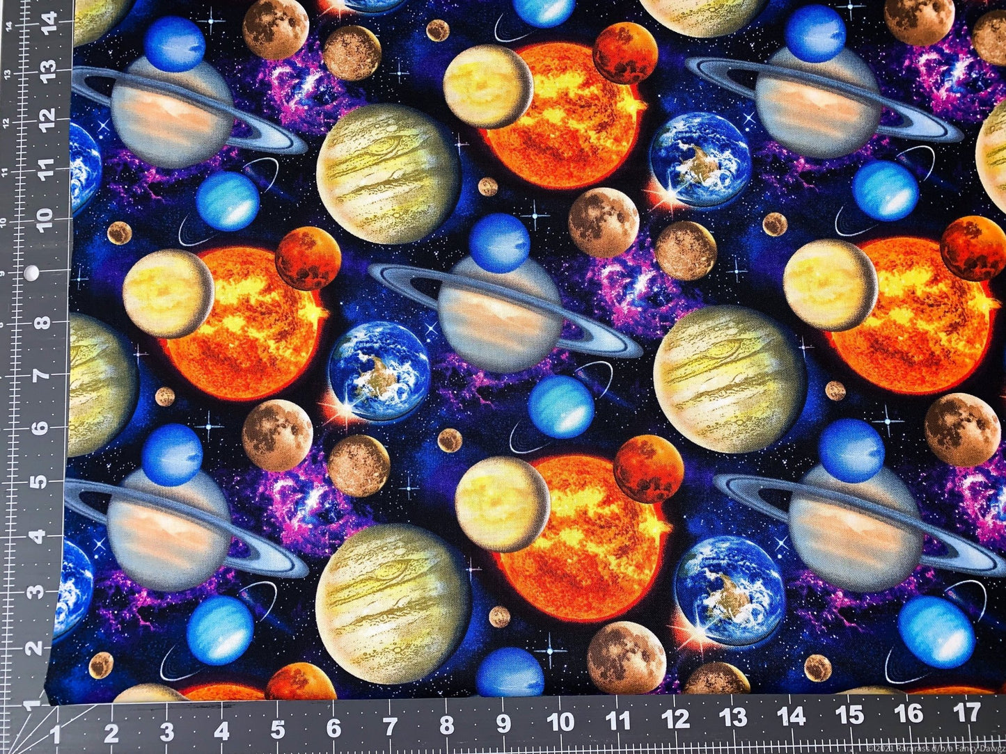 In Space fabric 1331 Planets fabric, Earth Sun Moon - Mary Jo Fabrics