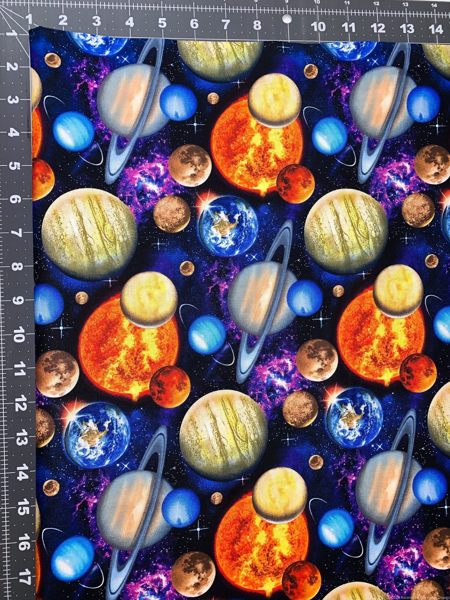 In Space fabric 1331 Planets fabric, Earth Sun Moon - Mary Jo Fabrics