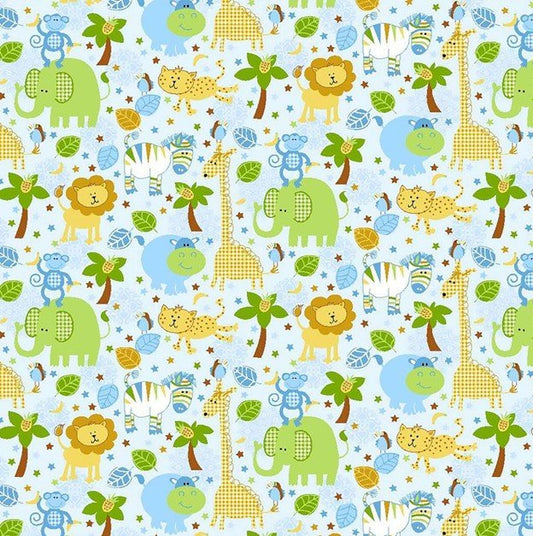 Light Blue Jungle Animals FLANNEL 44 - 7521 Monkey Lion - Mary Jo Fabrics