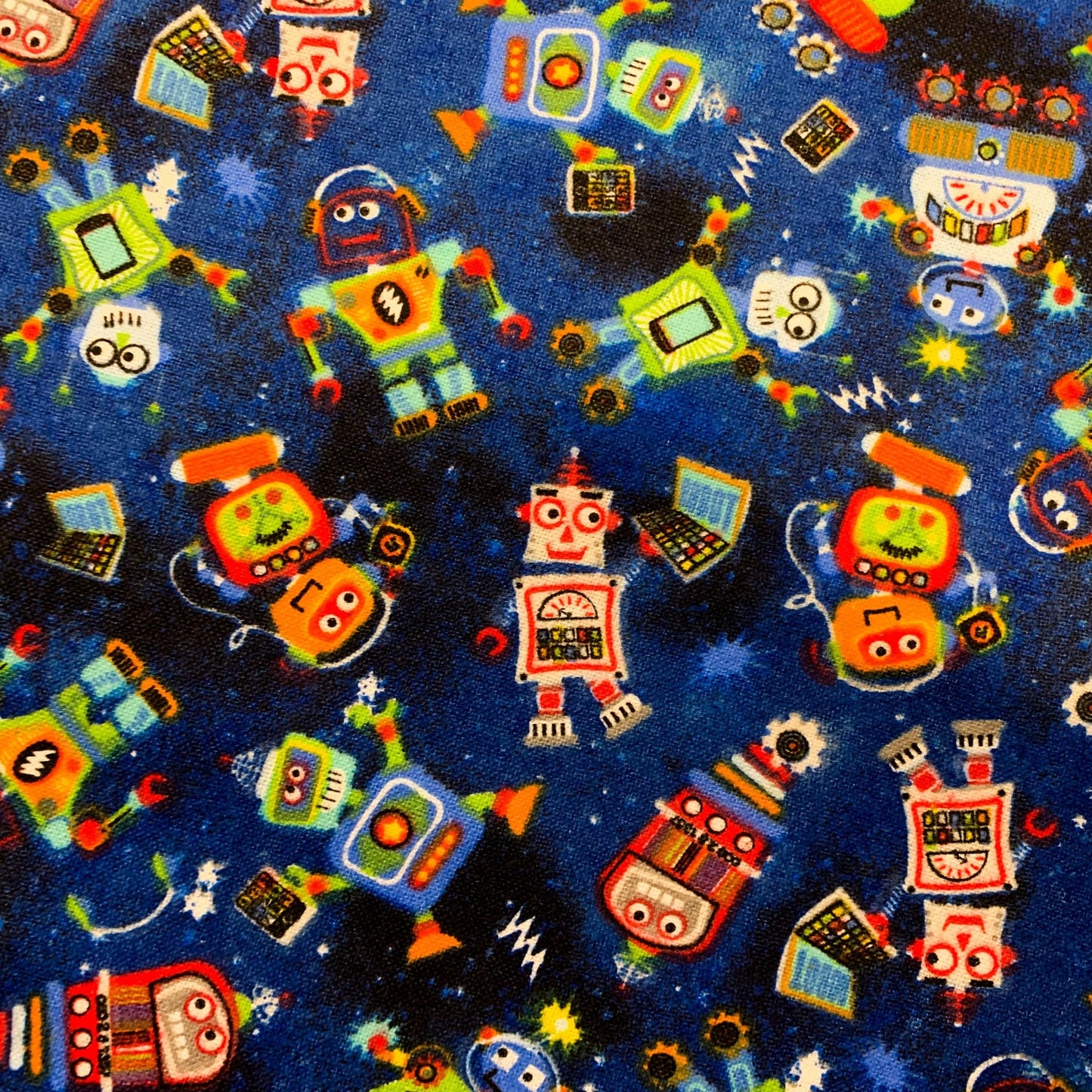 Lil Blue Robots Cotton FLANNEL Fabric 7471 Cute Robot fabric - Mary Jo Fabrics