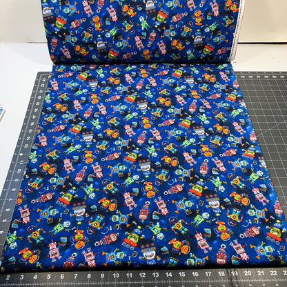 Lil Blue Robots Cotton FLANNEL Fabric 7471 Cute Robot fabric - Mary Jo Fabrics
