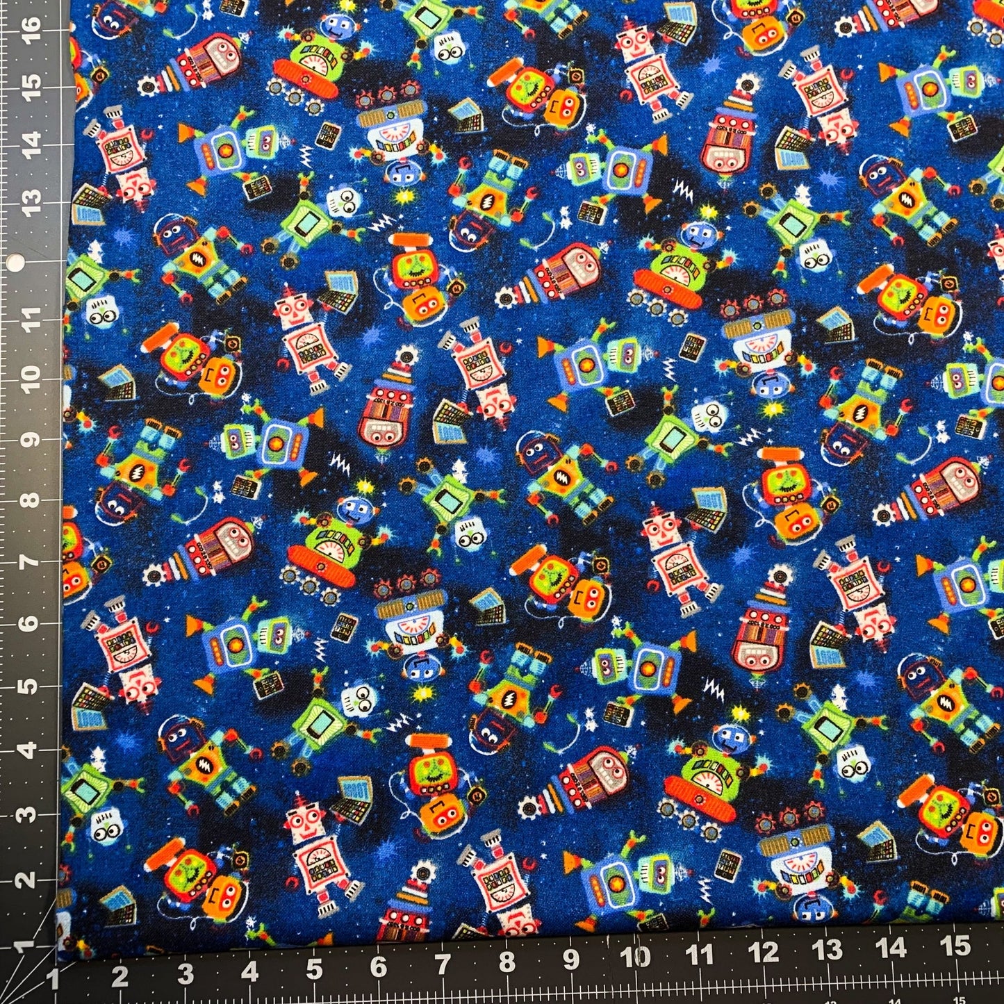 Lil Blue Robots Cotton FLANNEL Fabric 7471 Cute Robot fabric - Mary Jo Fabrics