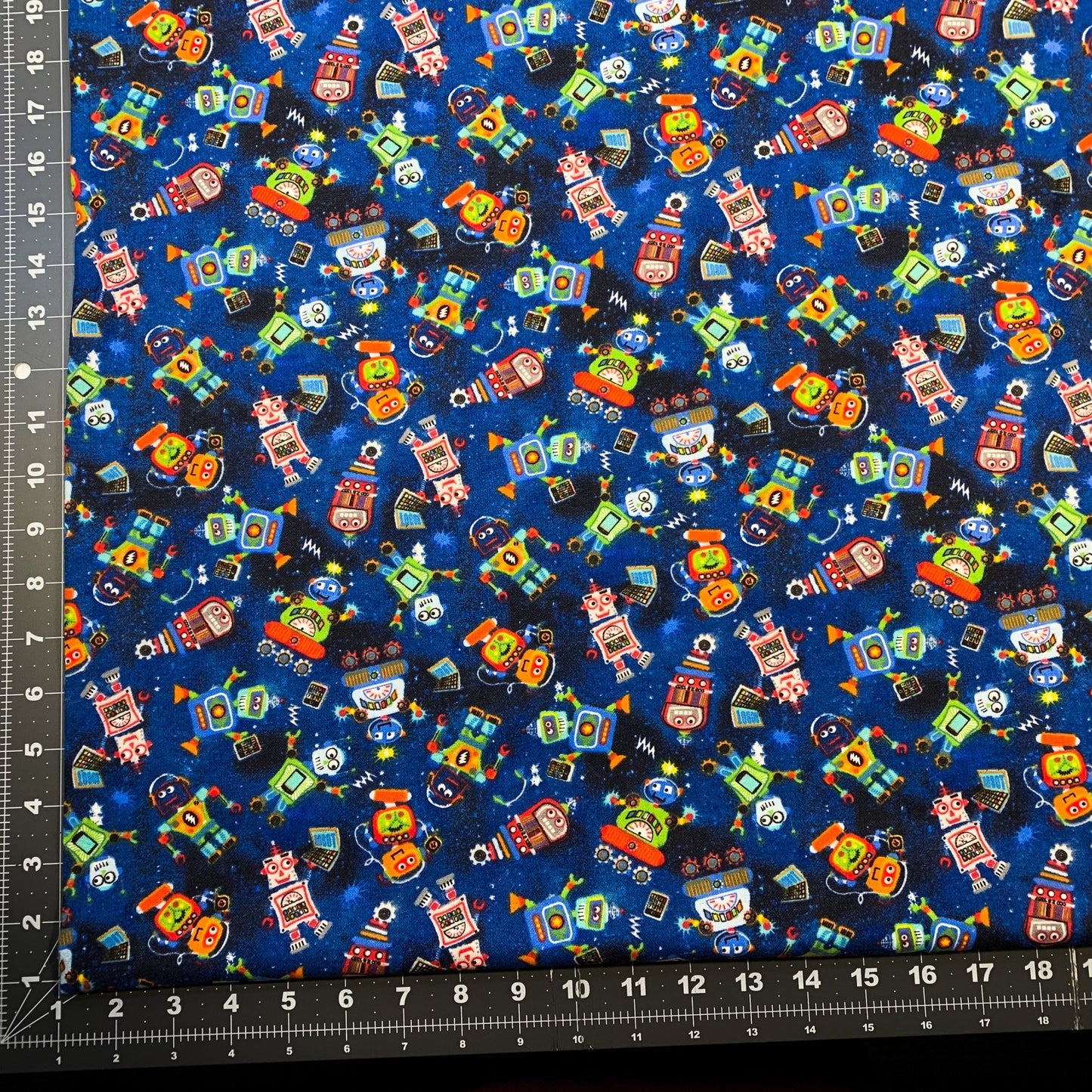 Lil Blue Robots Cotton FLANNEL Fabric 7471 Cute Robot fabric - Mary Jo Fabrics