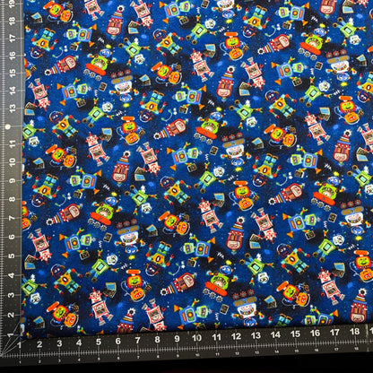 Lil Blue Robots Cotton FLANNEL Fabric 7471 Cute Robot fabric - Mary Jo Fabrics