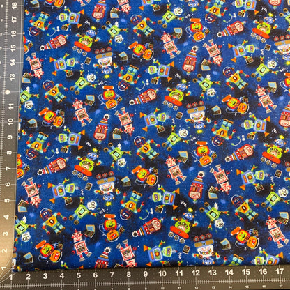 Lil Blue Robots Cotton FLANNEL Fabric 7471 Cute Robot fabric - Mary Jo Fabrics