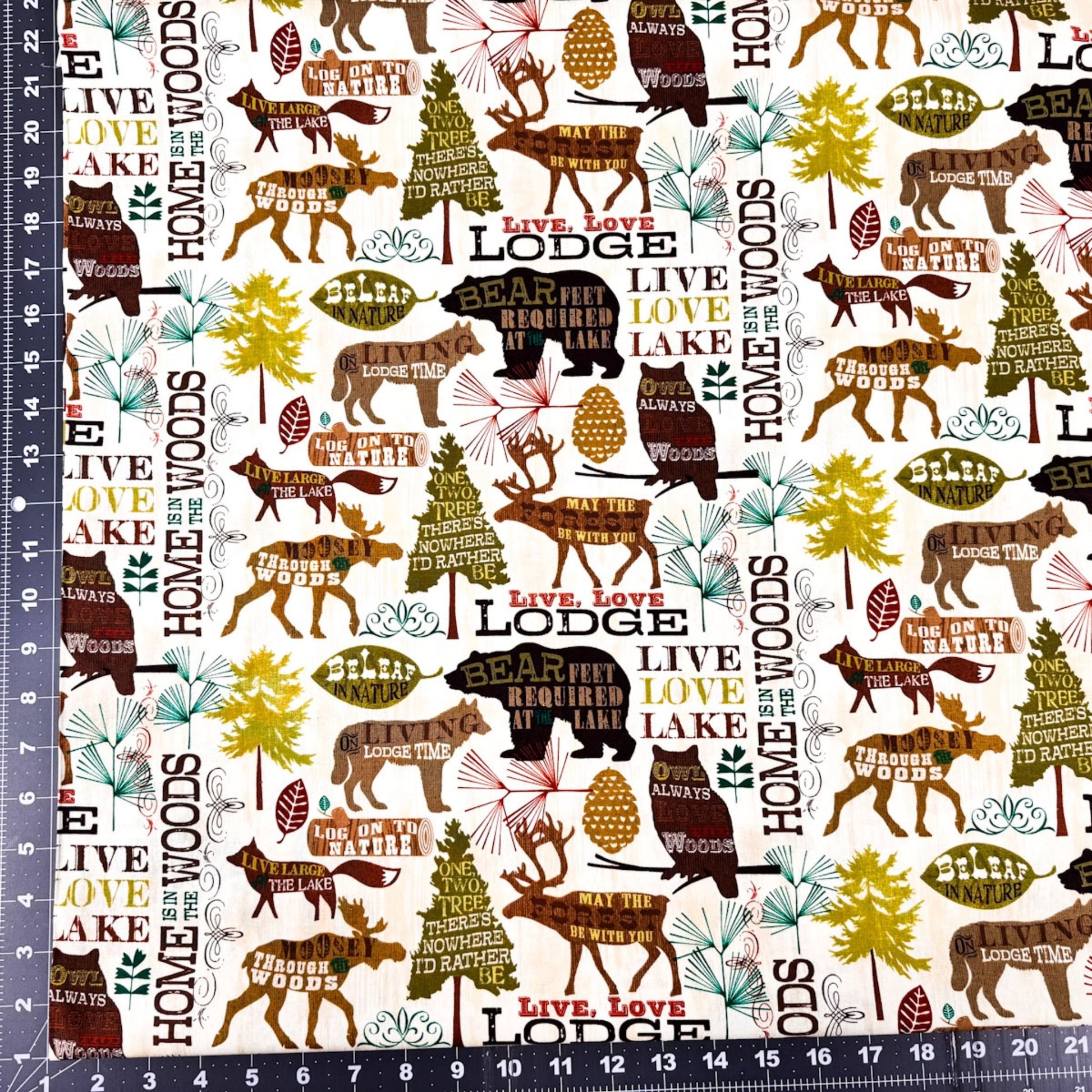 Live Love Lodge Cabin Fabric WA34398C1 Elk Moose Bear Owl - Mary Jo Fabrics