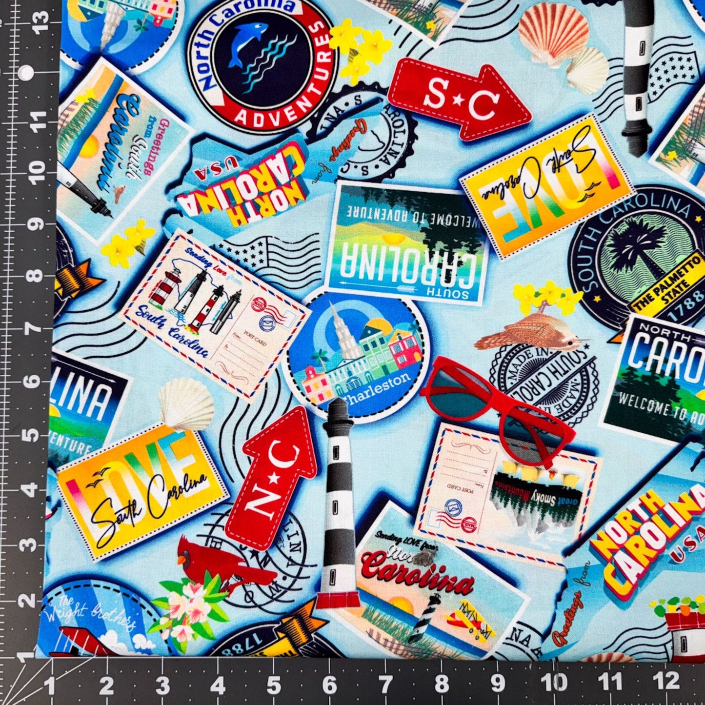 Lt Blue Carolina Cotton Fabric 12890 Carolina Greetings - Mary Jo Fabrics