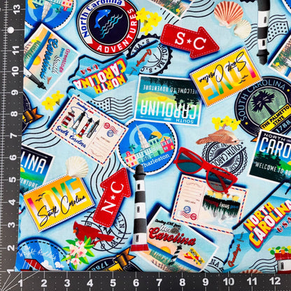 Lt Blue Carolina Cotton Fabric 12890 Carolina Greetings - Mary Jo Fabrics