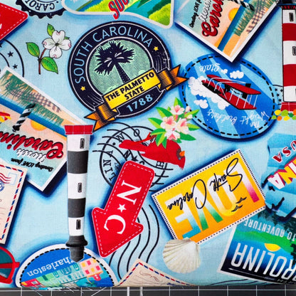 Lt Blue Carolina Cotton Fabric 12890 Carolina Greetings - Mary Jo Fabrics