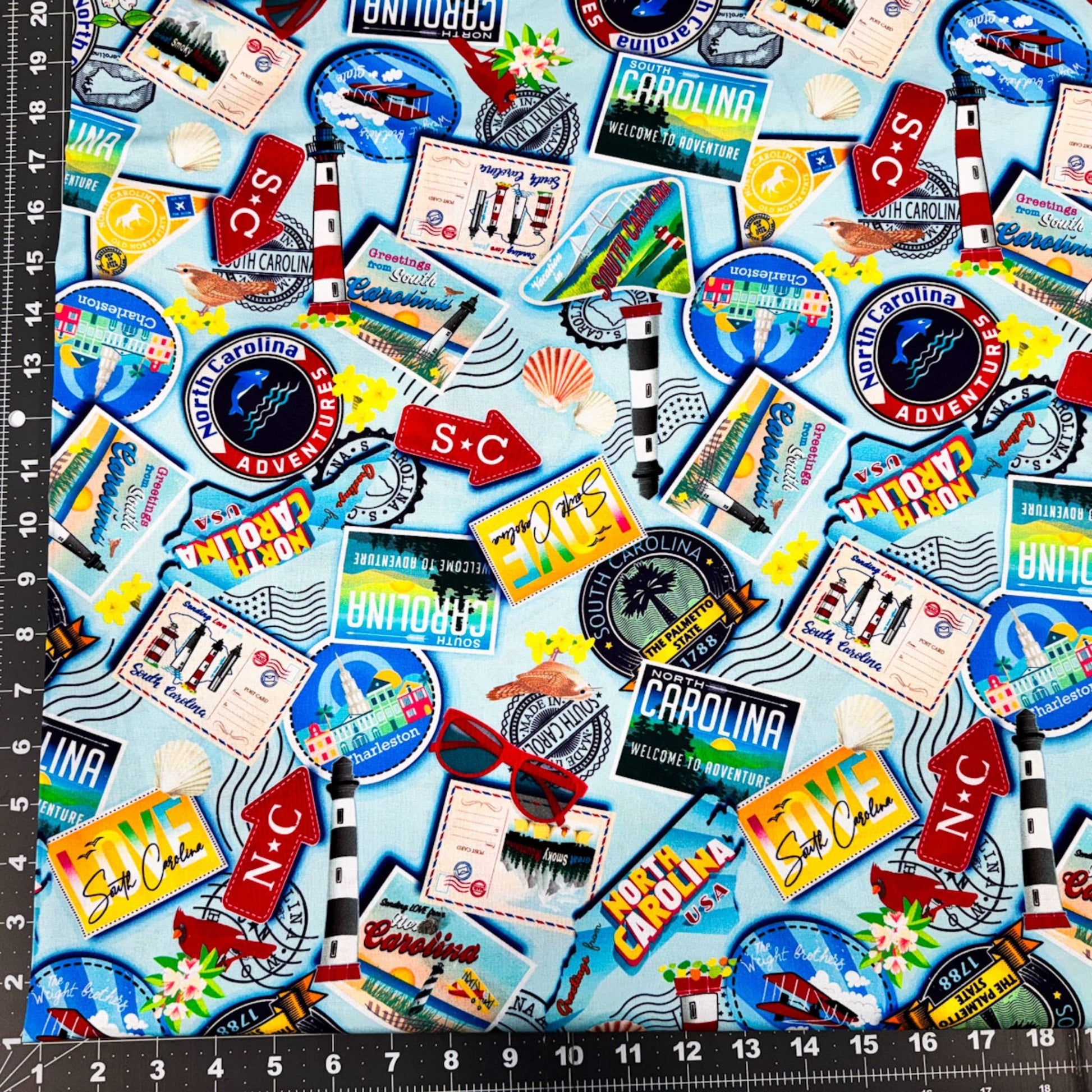 Lt Blue Carolina Cotton Fabric 12890 Carolina Greetings - Mary Jo Fabrics