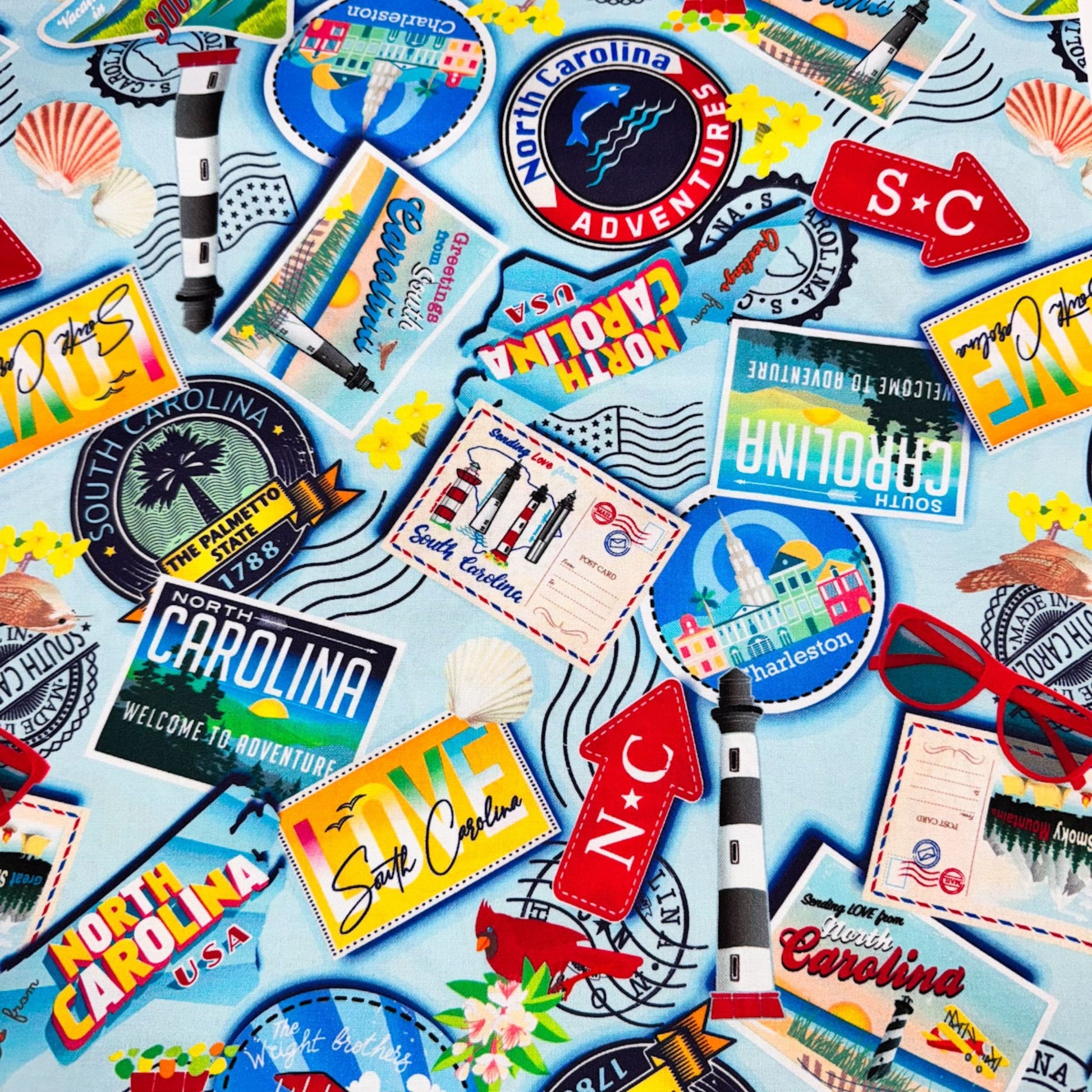 Lt Blue Carolina Cotton Fabric 12890 Carolina Greetings - Mary Jo Fabrics