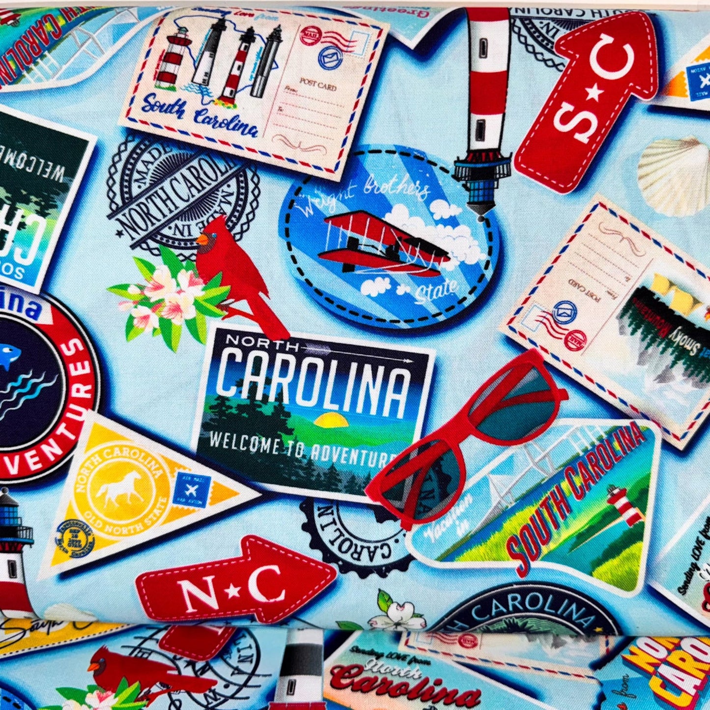 Lt Blue Carolina Cotton Fabric 12890 Carolina Greetings - Mary Jo Fabrics