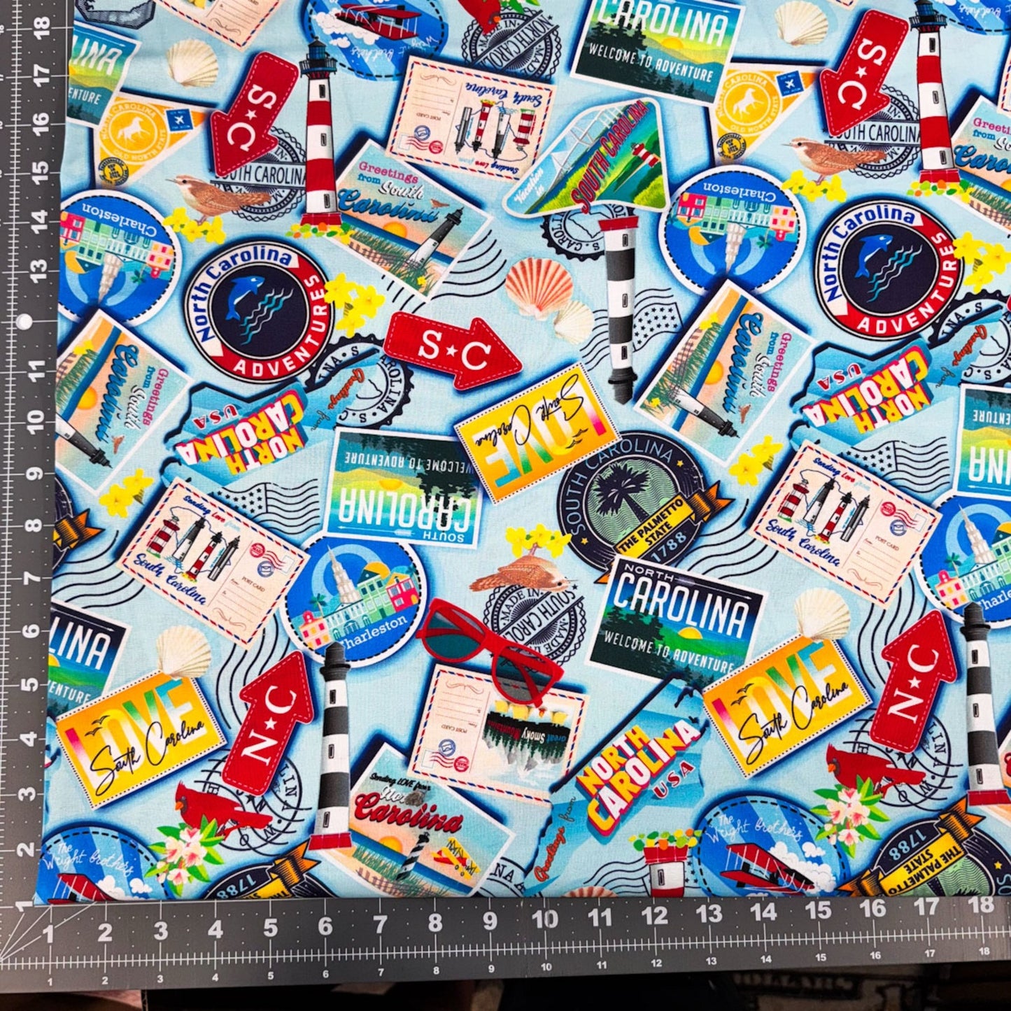 Lt Blue Carolina Cotton Fabric 12890 Carolina Greetings - Mary Jo Fabrics