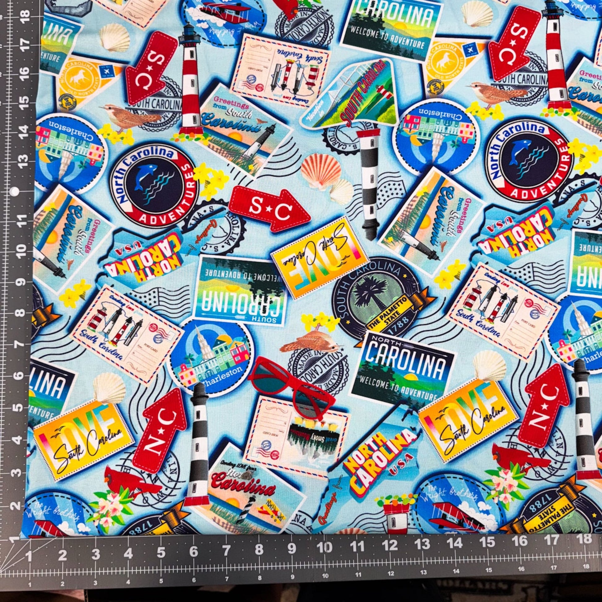 Lt Blue Carolina Cotton Fabric 12890 Carolina Greetings - Mary Jo Fabrics