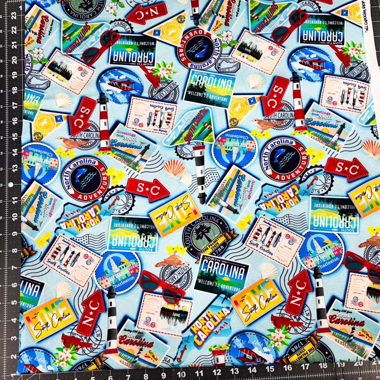 Lt Blue Carolina Cotton Fabric 12890 Carolina Greetings - Mary Jo Fabrics