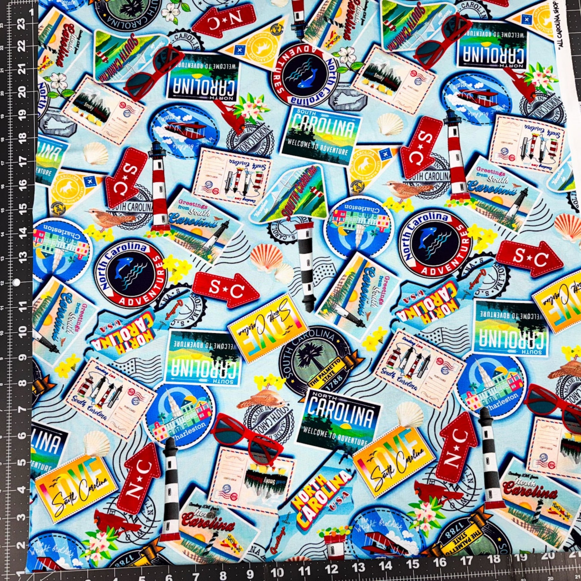 Lt Blue Carolina Cotton Fabric 12890 Carolina Greetings - Mary Jo Fabrics