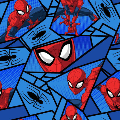 Marvel Spiderman Fabric on Blue with Black Spiders - Mary Jo Fabrics