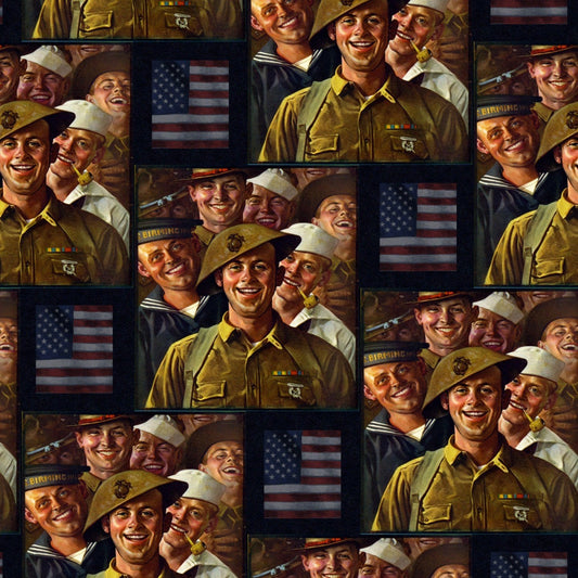 Military soldier faces USA Patriotic fabric Normal Rockwell - Mary Jo Fabrics