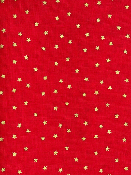 Mini Gold Stars on Bright Red cotton fabric - Mary Jo Fabrics