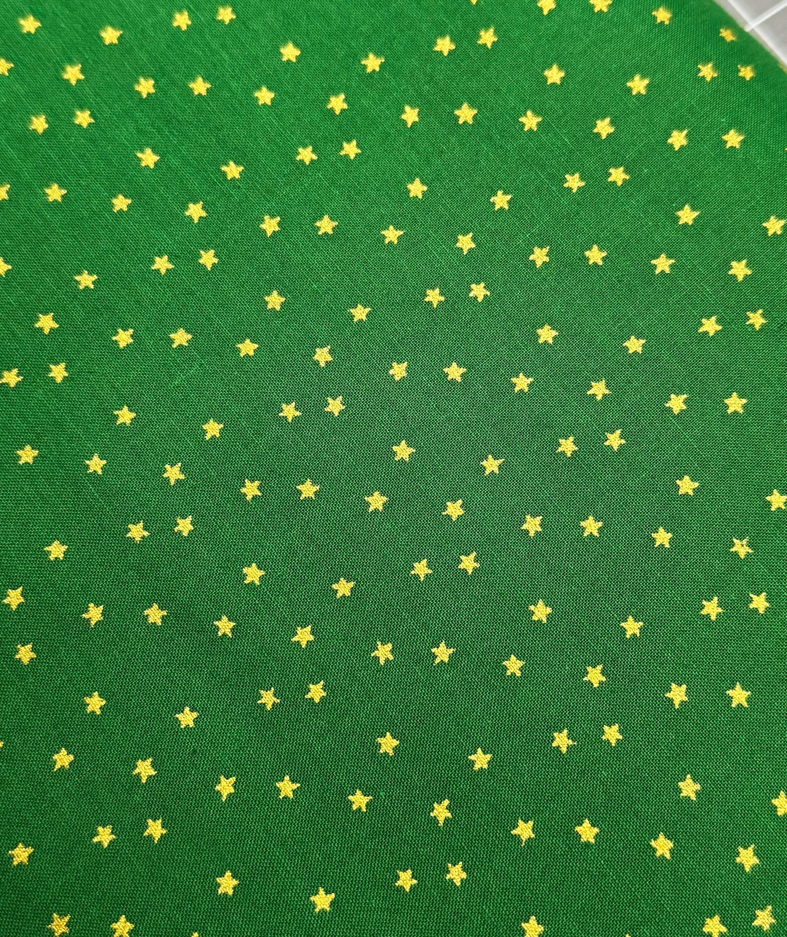 Mini Metallic Gold Star on Green fabric - Mary Jo Fabrics