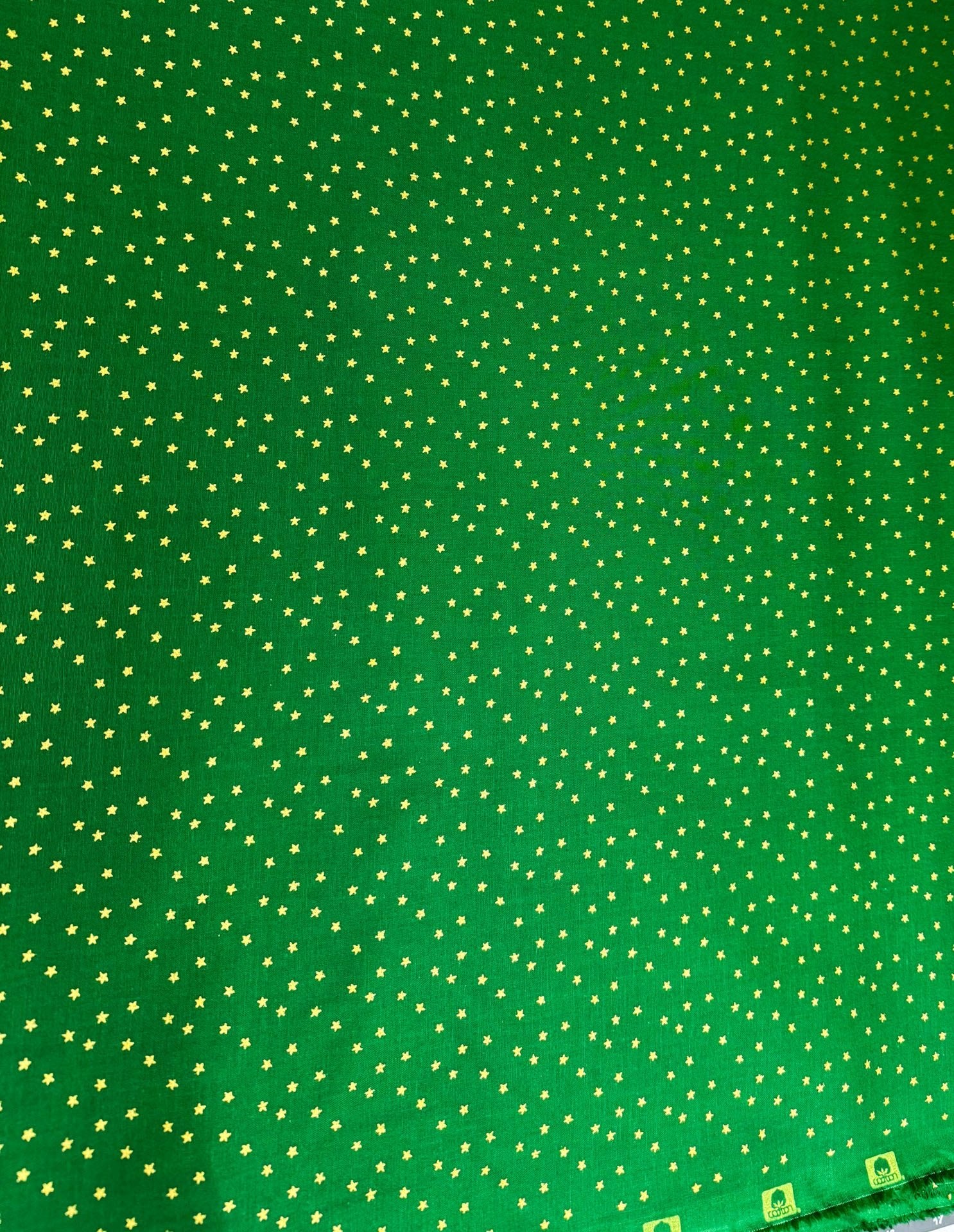 Mini Metallic Gold Star on Green fabric - Mary Jo Fabrics