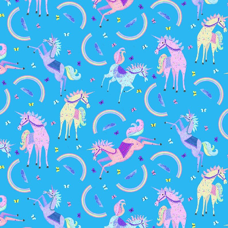 Moonbeams and Rainbows Unicorn fabric on Blue - Mary Jo Fabrics