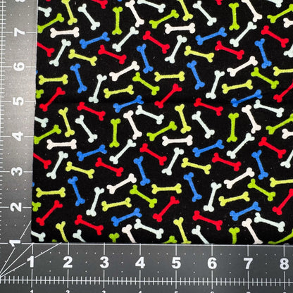 Multi Color Dog Bone FLANNEL Fabric 14706 Bones on Black - Mary Jo Fabrics
