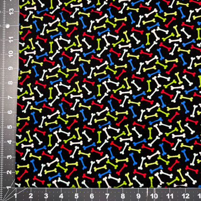 Multi Color Dog Bone FLANNEL Fabric 14706 Bones on Black - Mary Jo Fabrics