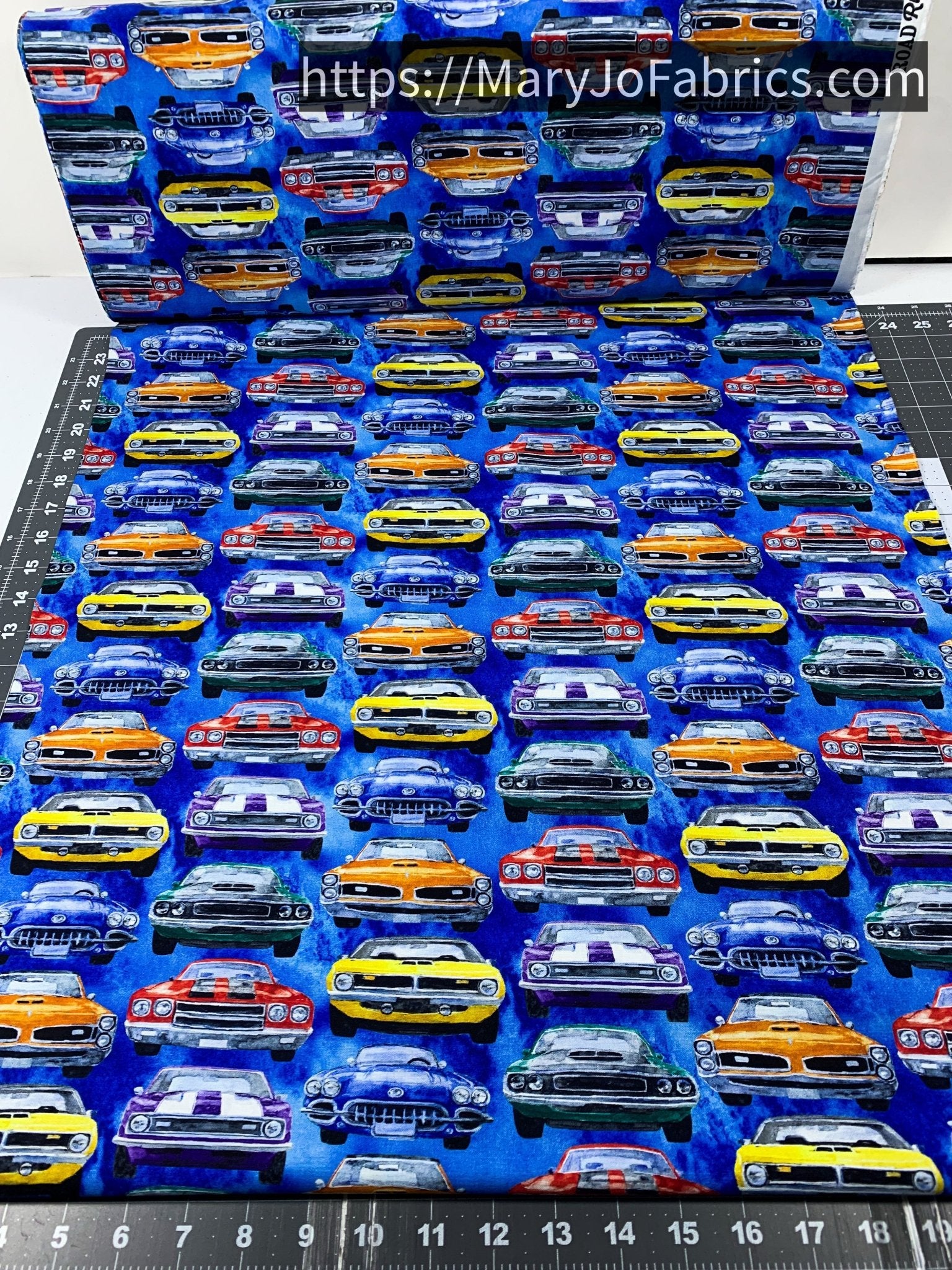 Muscle Car Fabric 24174 Road Runners Blue - Mary Jo Fabrics