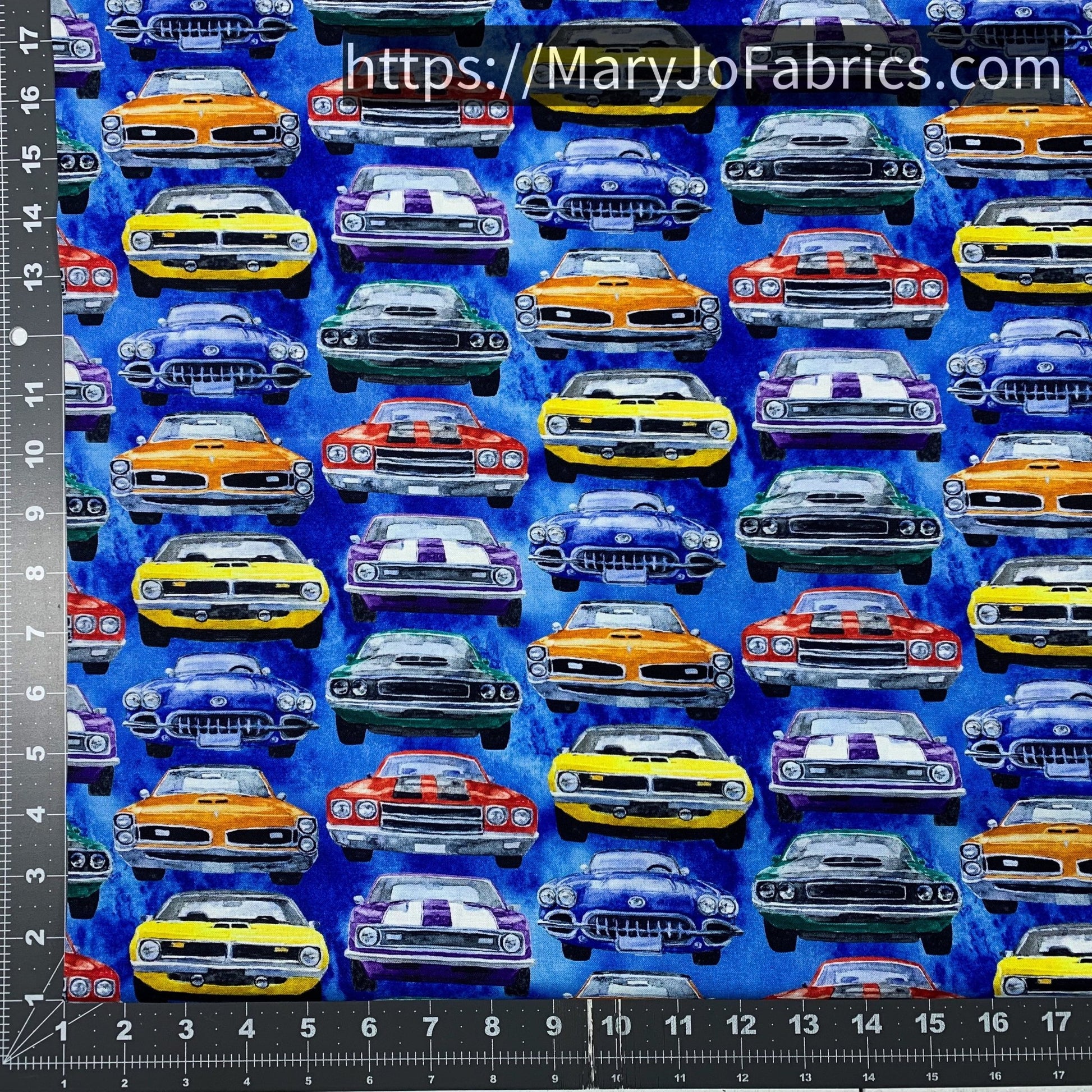 Muscle Car Fabric 24174 Road Runners Blue - Mary Jo Fabrics
