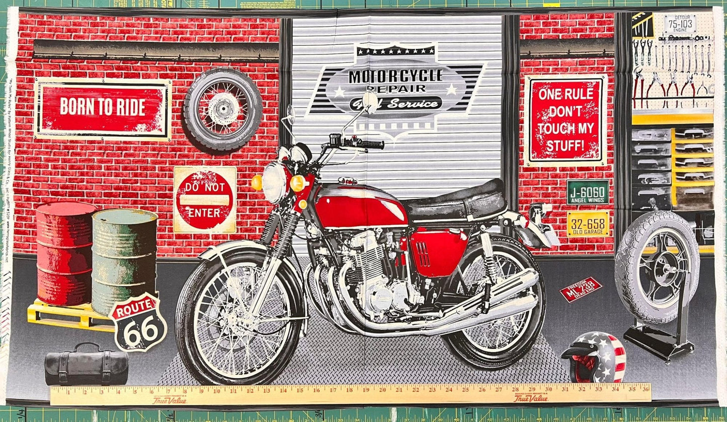 My Tools My Rules Motorcycle Quilt Panel 24"x44" - Mary Jo Fabrics