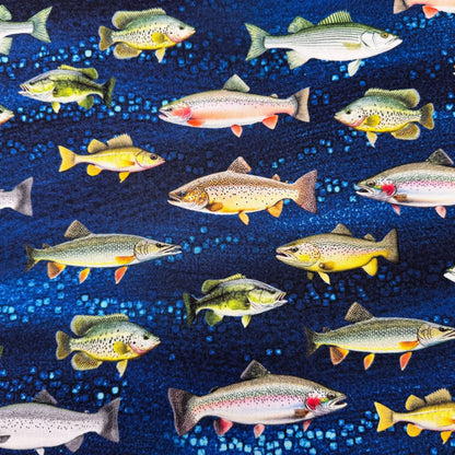 Navy Freshwater Fish fabric CD2640 Lakeside Cabin - Mary Jo Fabrics