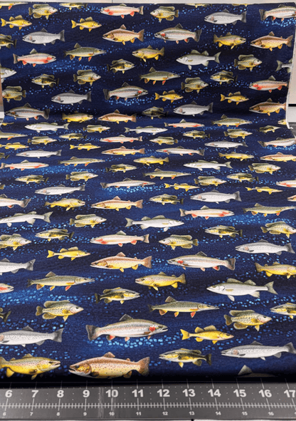 Navy Freshwater Fish fabric CD2640 Lakeside Cabin - Mary Jo Fabrics