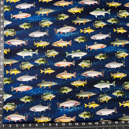 Navy Freshwater Fish fabric CD2640 Lakeside Cabin - Mary Jo Fabrics